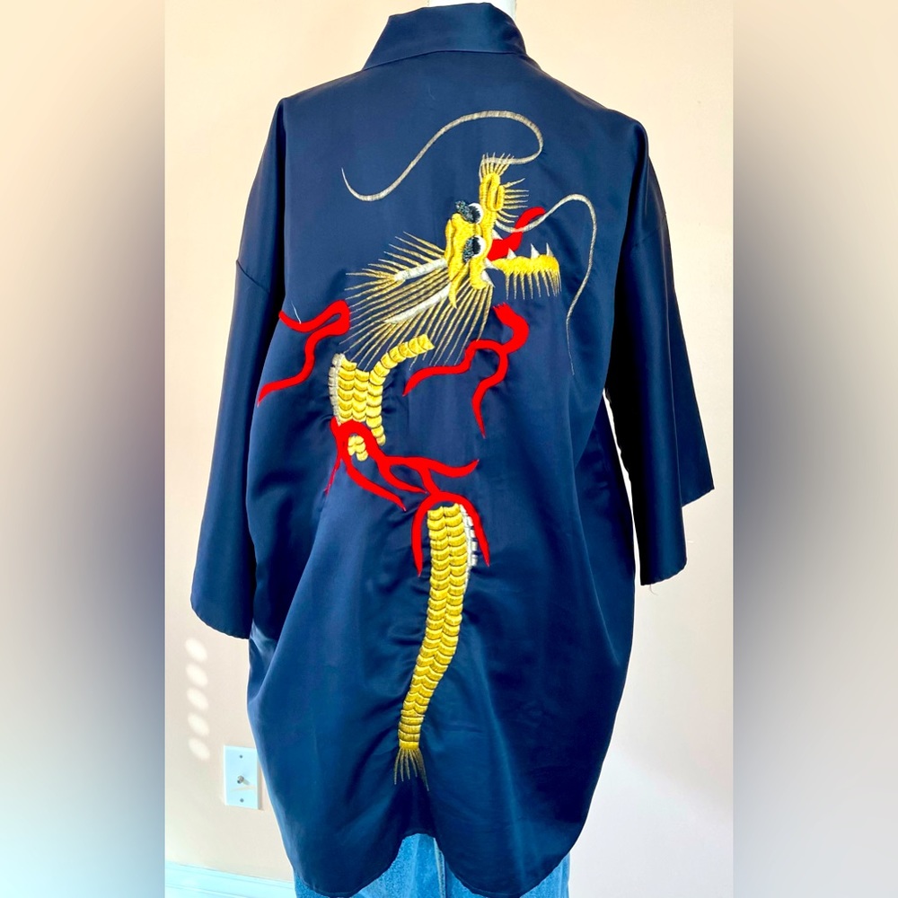 Blue Japanese Dragon Kimono Robe Jacket Asian